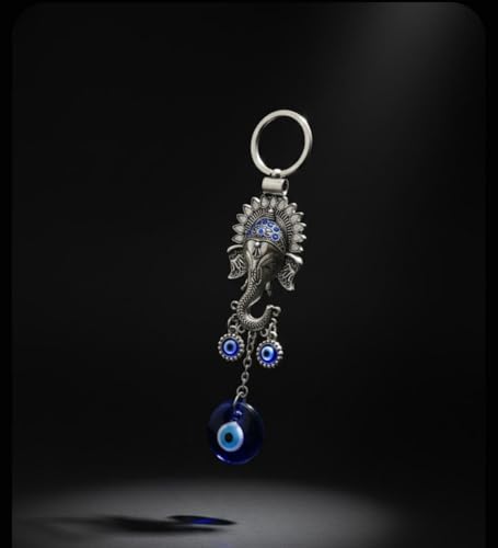 Image of Shasha Creation Lord Ganpati Ganesha or Ganeshji Evil Eye Good Luck Metal Hook car hanging and home decor (Blue and Silver) Evil's eye hanging with Shree Ganesha face