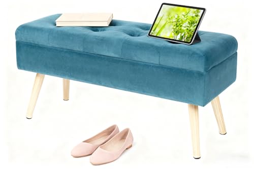 Hawthyhome Sitzbank mit Stauraum 80 × 35 × 43 cm, Sitztruhe mit Aufbewahrungsbox Truhenbank Samt Polsterbank mit Holzbeine für Flur Wohnzimmer Schlafzimmer Grün