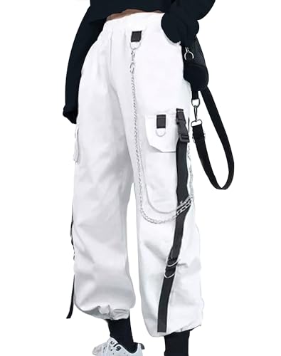 Pantalones cargo negros para mujer, Techwear para mujer, sueltos, estilo rockero, casual, pantalones negros con cadena, pantalones góticos, blanco, M