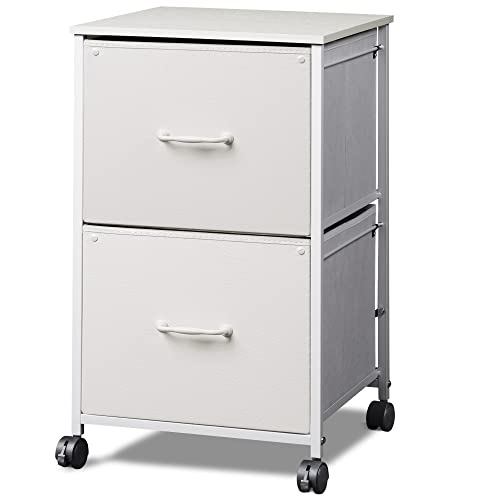 Devaise 2 Drawer Mobile File Cabinet, Rolling Printer Stand With Open Storage Shelf, Fabric Vertical Filing Cabinet Fits A4 Or Letter Size For Home Office, White #TOP30