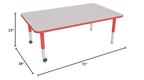 Image of Sprogs Adjustable Height Mobile Classroom Activity Table for Preschools, Rectangle Preschool Activity Table with Casters, 36 inchD x 72 inchW x 23 inchH, Gray /Red
