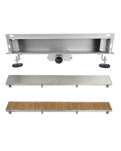 S SIENOC Duschrinne, Edelstahl Komplettset Wandablauf Wandmontage Befliesbar Haarsieb Rinne mit Siphon Montagefüße Inklusive Doppelkammer Bodenablauf (80CM)