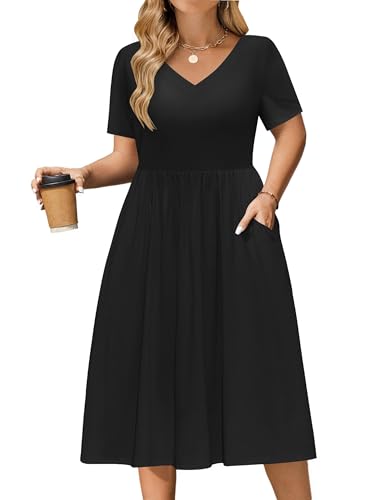 IN'VOLAND Plus Size Black Dresses for Women A-Line Midi Party Long Dress Vacation Work Dresses with Pockets