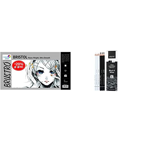 Image of Brustro Ultra Smooth Bristol A3 Size Sheets, 250 GSM (Pack of 10 + 2 Free Sheets) & Brustro Artists' B &W Coloured Pencils Set of 3 Whites and 3 Blacks