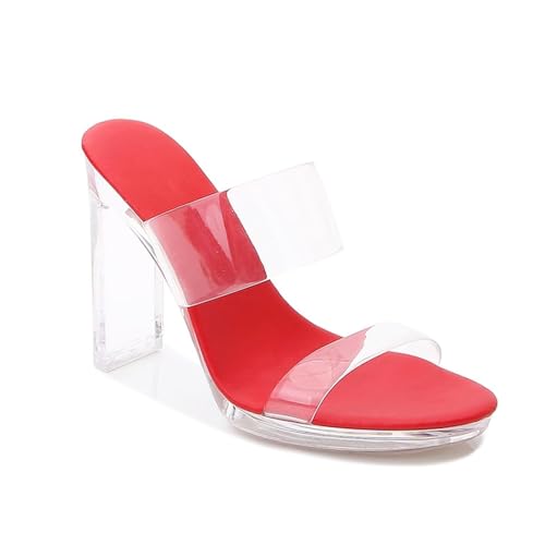 Women's Clear Chunky Block Heels Mules Slides Two Transparent Strap Round Open Toe Slip on Heeled Sandals