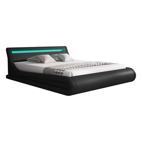MB Muebles Bonitos, Cama de Matrimonio Parisina para Colchón de 180x200 cm, Luz LED, Canapé Abatible, Somier de Láminas, Estructura de Madera tapizada en Polipiel, Color Negro