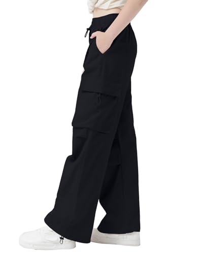 Image of AOWKULAE Girls Cargo Pants Baggy Drawstring Parachute Pants 5-16 Years | High Waist, Elastic Waist,Y2K Style,Comfortable and Loose Fit,Daily Casual Outfits