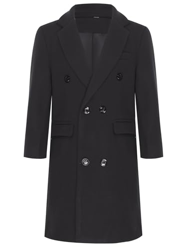 Yhong Boys Double Breasted Peacoat Notched Lapel Collar Wool Blend Long Dress Coat With Pockets Black 5-6 Years