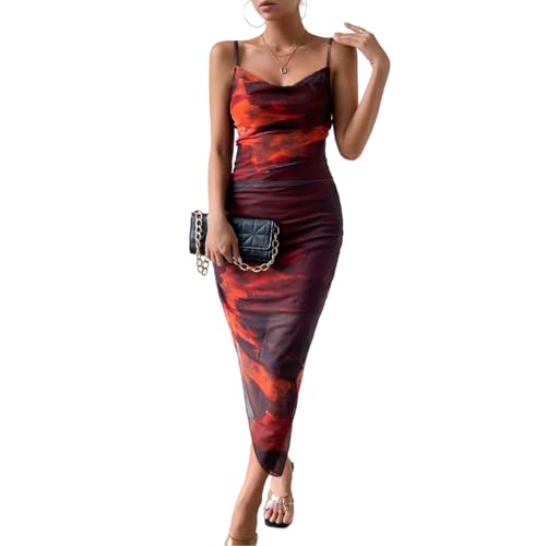 LIGHT DOT Women's Spaghetti Strap Printed Bodycon Ruched Midi Cocktail Dress Sexy Cowl Neck Tie Dye (Rusty Red,M)