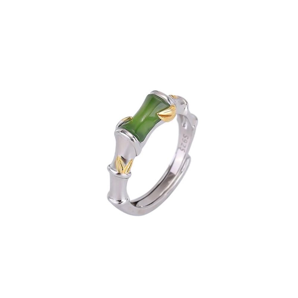 Anillo de plata S925 con incrustaciones de jaspe hetiano natural, nudo de bambú y hoja de bambú (apertura ajustable) para mujer, Jade, Sin piedras preciosas