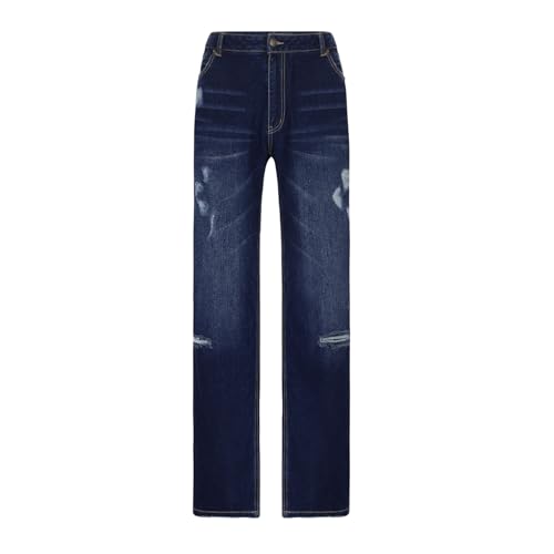 Womens Ripped Jeans Trendy Raw Hem Mid Waist Straight Leg Distressed Trousers Baggy Stretchy Streetwear Denim Pants3