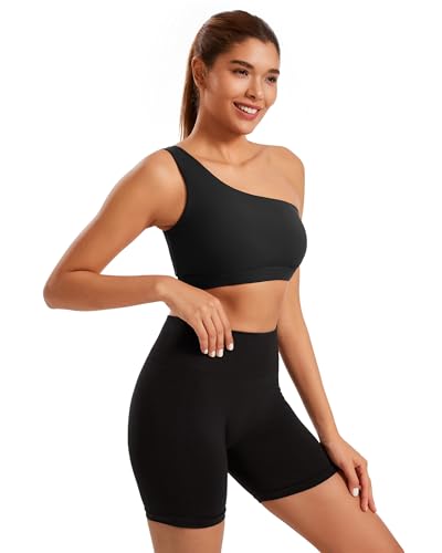 Image of One Shoulder Sports Bras for Women Low Impact Asymmetrical Workout Tops Padded Yoga Right Shoulder Strap Bra