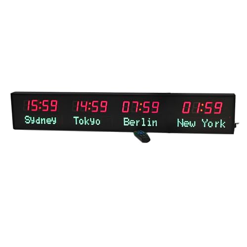 Horloge Mondiale Programmable avec 4 Fuseaux Horaires, Horloge Numérique LED avec Télécommande, 3 Niveaux Réglage Luminosité Et Calibrage Automatique, pour Entreprises,aéroports Et Hôtels
