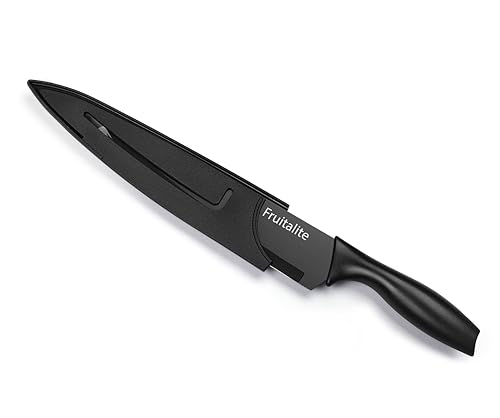 Image of Fruitalite 8-inch Chef Knife with Blade Cover- Premium Razor-Sharp Stainless Steel Multi-Purpose Kitchen Knife | Non-Stick Coating | Non-Slip Ergonomic Handles, Home Use for Chopping & Cutting- Black