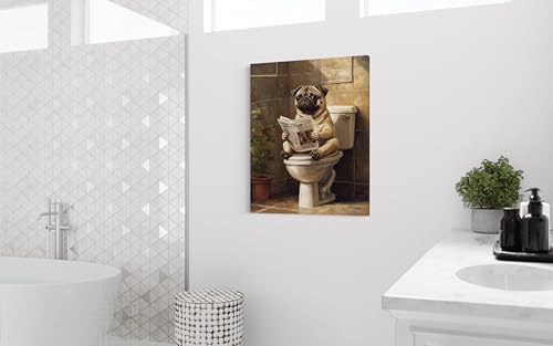 Image of Pug on Toilet Wall Art Print Canvas Wrapped, Dog Bathroom Humor Decor Posters Prints for Restroom Home Picture Painting Artwork Gallery 7 (Pug, 20 inchL x 16 inchW CANVAS, Wrapped Canvas)