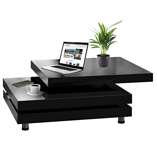Casaria Table Basse Noir laqué Table de Salon modulable Table Basse carrée Moderne 76 x 76 cm avec Plateaux rotatifs