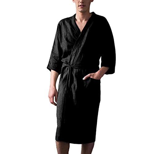 PODOLIXIA Bata de hombre kimono con capucha y cinturón, manga larga, bata de lino mullida, albornoz largo para hombre, tiempo libre, color sólido, ropa para el hogar, Negro , L