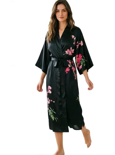 Image of Women's Classic 100% Silk Kimono Robe, Bathrobe-Printed Pattern