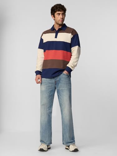Image of The Souled Store Rugby Polo: Sea Coast Men and Boys Long Sleeve Spread Collar Navy Blue Colour-Block Cotton Oversized Heavy Gauge Streetwear Casual Everyday Polos