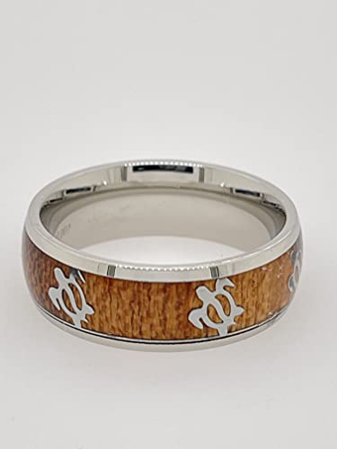 HPJ Beautiful Hawaiian Ocean Sea Turtle With Natural Koa Wood Silver Stainless Steel Ring 8mm Band men and Women Size 6-132