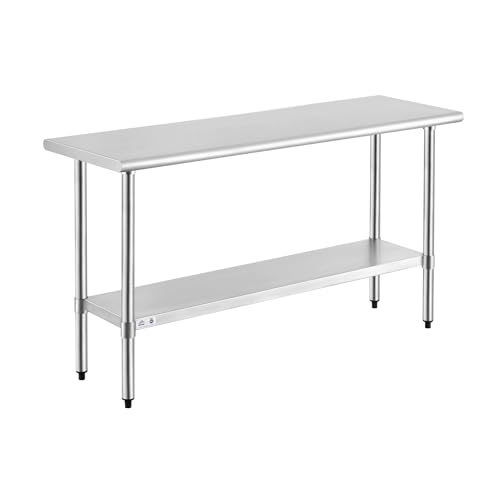 Image of ROCKPOINT Stainless Steel Table for Prep & Work 18x60 Inches, NSF Metal Commercial Kitchen Heavy Duty Table with Adjustable Under Shelf and Table Foot for Restaurant, Home and Hotel
