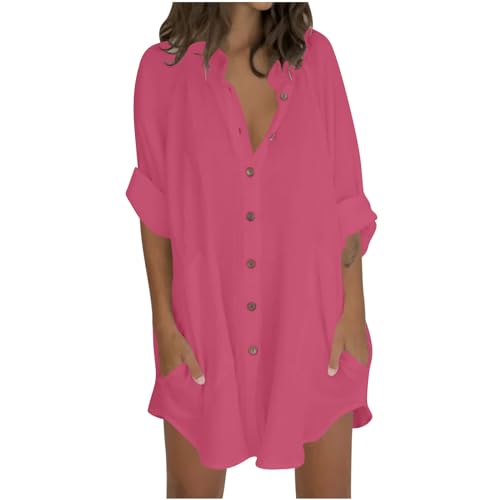 Camisa Mujer Lino Algodón Manga Larga Camiseta Largo Blusa Ligero Verano Moda Casual Color Sólido Cómodo Suelto Cuello en V Botones Bolsillos Tops Elegante Basic tee Transpirable T-Shirt