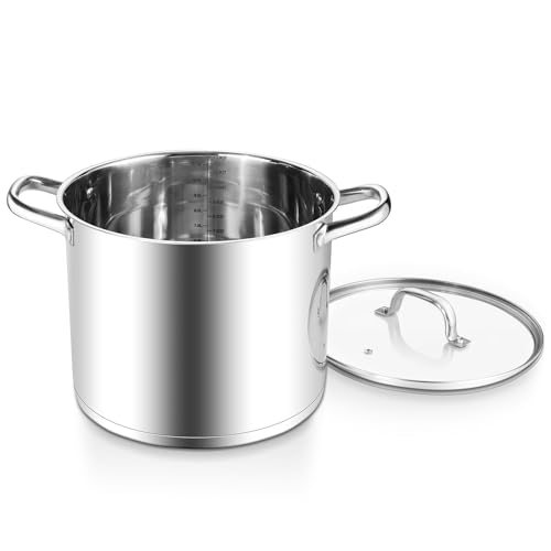 Comparison: Best Soup Pot For Gas Stove 4 E-far 12 Quart Cooking Stock Pot, Large Stainless Steel Pot for Canning Simmering Stewing, Heavy Duty Cookware with Tri-ply Base for Induction Gas Stoves, Soup Pots with Glass Lid, Dishwasher Safe
