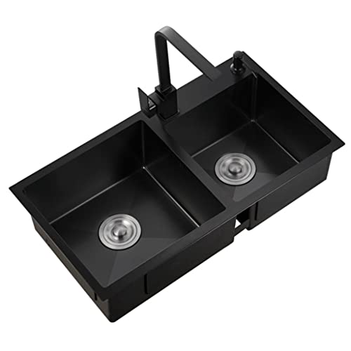 XUTNZA Fregaderos de Cocina, con Fregadero de Cocina con Barra de Grifo, Lavabo Profundo de Doble Seno, instalación empotrada para Montaje en pedido/Negro/82 * 45 cm