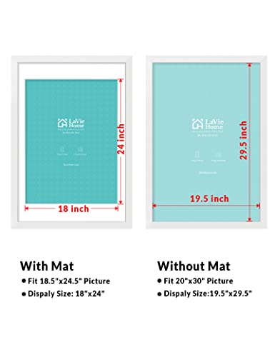 LaVie Home 20 x 30 Poster Frame White, Display Pictures 18x24 with Mat or 20x30 Without Mat, Stable and Sturdy Picture Frame and Polished Plexiglass, Horizontal and Vertical Format of The Wall（1 Pack）