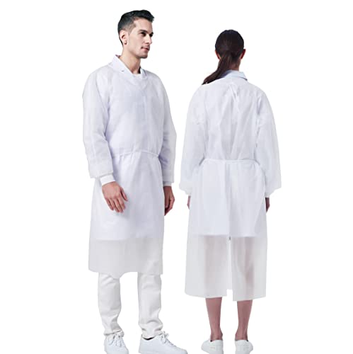 ProtectX (White 10 Pack) Disposable Breathable Polypropylene Isolation Gown with Elastic Knit Cuffs, Covered Back, Extra-Long Double Ties, Universal Size