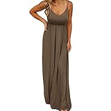 PALINDA Women's Sleeveless Summer V Neck Spaghetti Strap Casual Loose Empire Waist Maxi Dresses(Khak