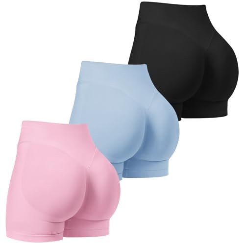 TDIFFUN Workout Shorts for Women 3 Pack Seamless Scrunch Butt Lifting Gym Impact Shorts Yoga Biker Booty Athletic Shorts