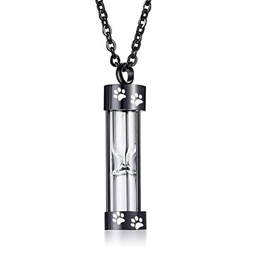 ZDBDH Ashes Necklace for Dog Cat Pet Paw Print Black Stainless Steel Timeless Memory Hoursglass Cylinder Urn Pendant Necklaces for Ashes, Cremation Jewelry Keepsake Memorial Bereavement Gift,20