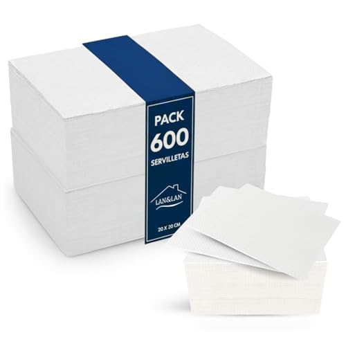 Servilletas Cocktail Desechables, Pack de 600 unidades 10x10 cm plegadas, Servilletas papel de Micropunto modernas y rústicas para tus Ocasiones Especiales 20x20 abiertas - LAN&LAN (600, Blanco)