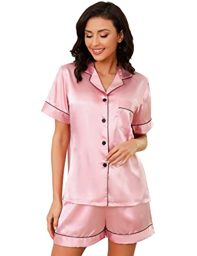 Sumeyuyu Women's Summer Pajama Sets, Women's Satin Short-Sleeves Pajama Sets Silk Button Sleepwear 2 Pieces Pjs Pink #TOP15