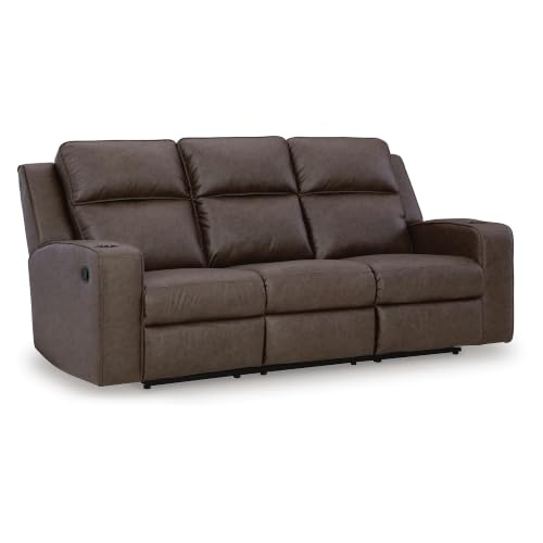 Image of Signature Design by Ashley Lavenhorne Faux Leather Manual Reclining Sofa | Heavyweight padded faux leather couch, Drop down table with 4 cup holders and USB ports, 3-in wall hugger design