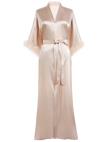 PRODESIGN Satin Kimono Robe Long Silky Bath Robe with Ostrich Feather Trim Sleepwear Wedding Bridesmaid