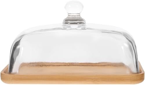 Hemoton Butter Dish with Glass Lid- 7.09 x 4.72 x 3.94 Inch Clear Butter Tray for Refrigerator& Counter for Butter, Block of Cream Cheese& Serving Dish (Wood Tray)