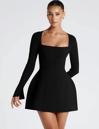 YMDUCH Women's Sexy Long Sleeve Square Neck A-Line Mini Club Prom Dress4