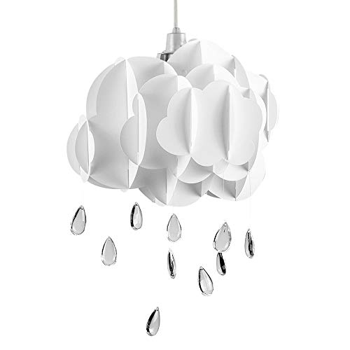 White Layered Rain Cloud Ceiling Pendant Light Shade with Acrylic Jewel Raindrop Water Droplets for Bedroom Nursery