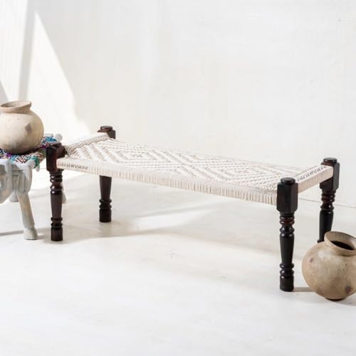 Image of Wooden Bench for Seating | Handcrafted Sheesham Wood Bench for Living Room, Balcony & Garden | Traditional Patio for Outdoor with Cotton Handwoven Rope | White