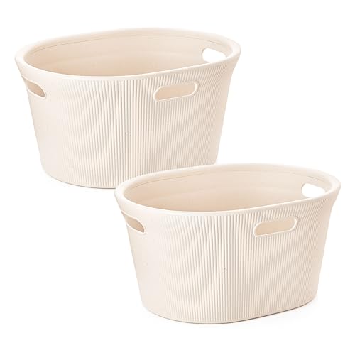 Image of Superio Ribbed Collection - Eco-Friendly Decorative Plastic Laundry Basket with Cut-Out Handles, (2 Pack) Hamper Organzier for Bedroom Bathroom College Dorm Room 35 Liter