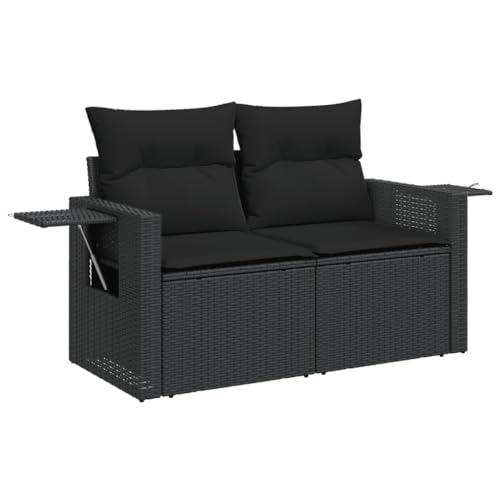 vidaXL Canapé de Jardin avec Coussins 2 Places, Siège avec Dossier et Accoudoir, Meuble de Patio Terrasse Extérieur, Noir Résine Tressée