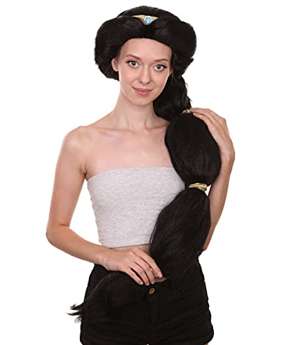 HPO Long Black Arabian Princess Deluxe Wig - Adult Harem Desert Queen Wigs | Middle East Fairy Halloween Cosplay Costume Accessory (HW-3901)
