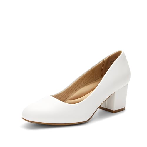 DREAM PAIRS Women's Pumps Low Chunky Block Heel Dress Shoes Closed Round Toe Comfortable Heels,Size 9,White-Pu,SDPU2462W