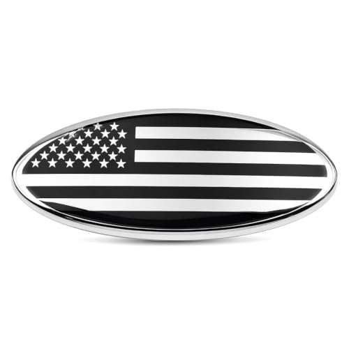 Image of Front Grille Rear Tailgate Skull Emblem - 9 inch Oval Badge Name Plate Fit for 2004-2014 F150, 2005-2007 F250 F350, 11-16 Explorer, 11-14 Edge, 06-11 Range, 07-14 Expedition(Black-Silver Flag)