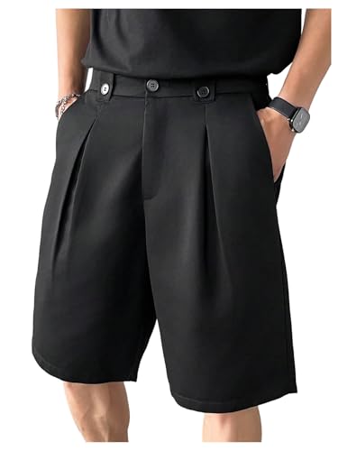 BEAUDRM Men's Pleated Dress Shorts Zipper Fly Wide Leg Business Office Work Baggy Bermuda Shorts with Pockets Black X-Large
