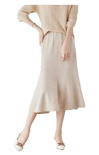 Women's Fall Winter Slim Fit Fish Tail Skirt Wrap Around High Waist Solid Wool Midi Skirt Milk Lighttan S