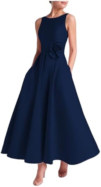 Womens Satin Tea Length Mother of The Bride Dress Crew Neck Formal Elegant Evening Gown with Pocket