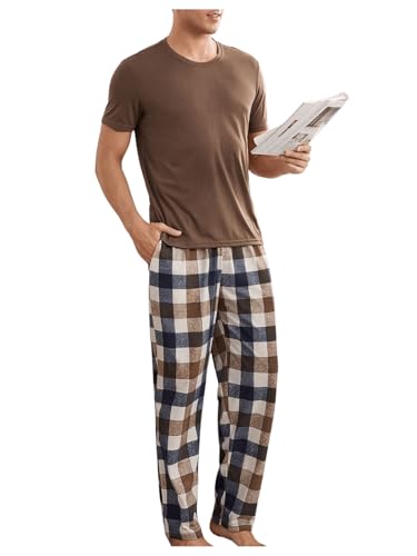 Men's 2 Piece Pajama Set Crew Neck Short Sleeve T Shirt and Plaid Pants Loungewear